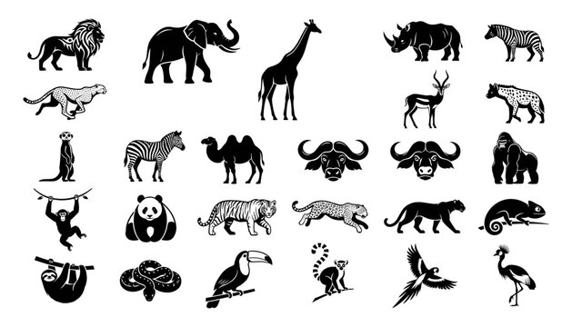 Wildlife Safari Animals Illustration with Black Silhouettes of Elephant, Giraffe, Rhino, Zebra, Lion, Tiger, Crocodile, and More.