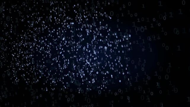 Abstract digital binary code stream with glowing blue particles moving in dark cyberspace