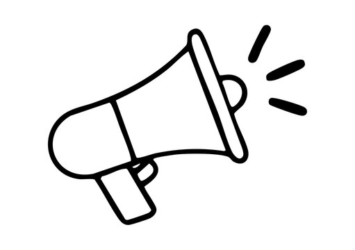 Hand-drawn megaphone icon for announcements. Vector-style loudspeaker symbol with sound waves. Marketing and communication tool for promotions.