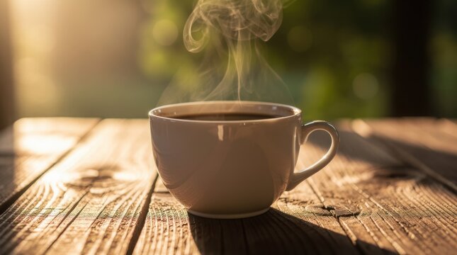 A steaming cup of coffee sits on a rustic wooden table bathed in warm sunlight, creating a cozy and inviting atmosphere.