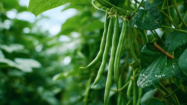 Fresh green beans hanging on vines in a sunny garden. Symbolizing healthy eating and sustainable organic farming.