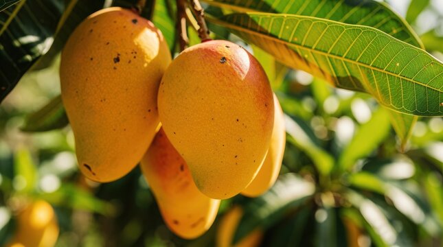 Ripe mangoes hanging from a tree branch with green leaves in natural sunlight.