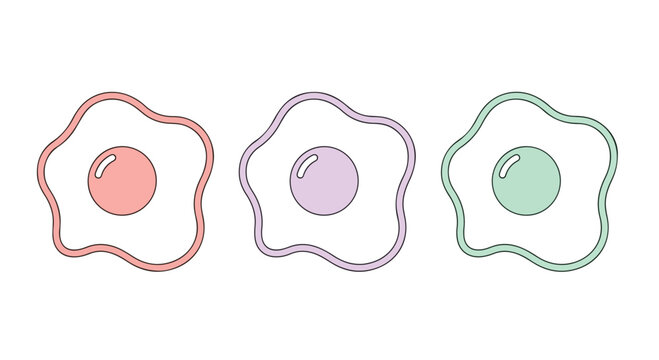 Simple Fried Egg Illustration: A set of three stylized fried eggs, each with a distinct pastel-colored outline and a softly shaded yolk, presented in a clean and minimalist aesthetic.