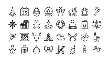 Naklejka premium Extensive collection of festive Christmas and New Year holiday season outline icons vector set for web and print design projects