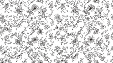 Fototapeta premium Seamless Baroque Floral Line Art Pattern, Hand Drawn Monochromatic Ornamental Vector Background for Coloring Book, Luxury Textile, and Wrapping Paper
