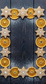 Star shaped gingerbread cookies and dried orange slices arranged in a frame on dark rustic wood with sugar dusting and central copy space, rustic, biscuit, still life