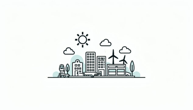 Urban landscape with renewable energy sources like wind turbines and solar panels, symbolizing a sustainable city concept