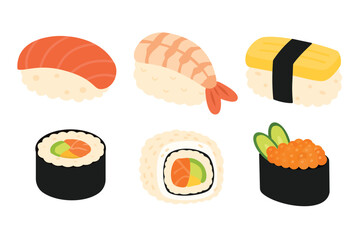 Cute sushi vector illustration set. Flat cartoon Japanese food clipart collection with nigiri, maki, uramaki, and gunkan sushi isolated on white background © bytaristudio