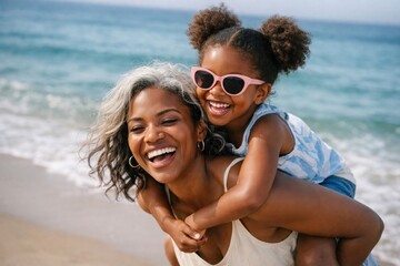 Fototapeta premium Smiling woman giving a piggyback ride to a child on a sunny beach.