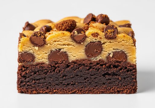 A close-up shot of a sliced brookie bar revealing moist chocolate brownie layers topped with golden chocolate chip cookie dough and crumbs, decadent, homemade, milk