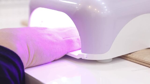 네일샵에서 고객이 젤 네일을 굳히기 위해 UV 램프 기기를 사용하는 모습입니다.