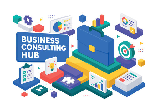 Business Consulting Hub, oversized consulting briefcase with bold geometric depth, stepped advisory platforms, floating documentation cards and diagonal planning blocks, asymmetric editorial layout,