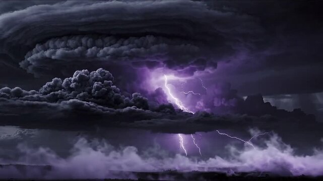 Storm cloud with purple lightning and swirling smoke forms over dark horizon, creating dramatic thunderstorm sky with glowing flashes, dense cumulonimbus layers, and rolling mist, weather detail