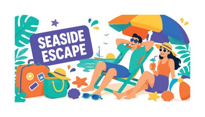 Fototapeta premium Seaside Escape wide panoramic website header banner with 2 expressive stylized travelers escaping into seaside scene with oversized deck chair and giant beach umbrella stretching edge to edge, with
