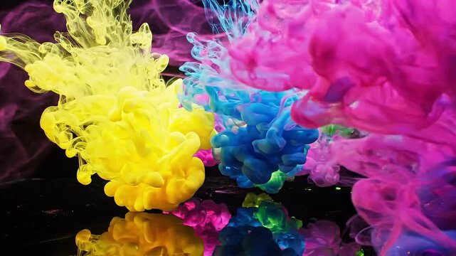 Bright ink clouds swirl and expand in water, with yellow, magenta, cyan, blue, and green pigment plumes drifting across black background, reflecting on glossy surface below and around center.