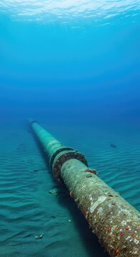 A massive industrial pipeline rests on the dark sandy floor of the deep ocean, transporting vital energy resources through blue water, blue, offshore, benthos
