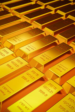 Rows of 3D gold bars with fine gold 999.9 stamp background. Concept of financial investment, wealth management, bullion trading, precious metals market, and banking reserve.