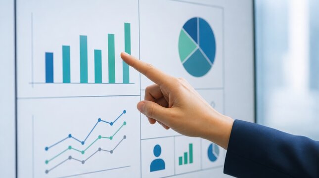 A person points at a business data dashboard displaying bar charts, pie charts, and line graphs with financial and user statistics.