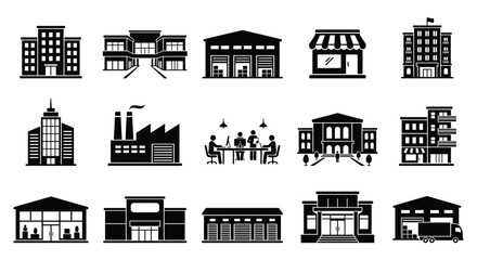 Obraz premium Set of black silhouette icons depicting various types of modern commercial industrial buildings offices and retail store facilities for business design