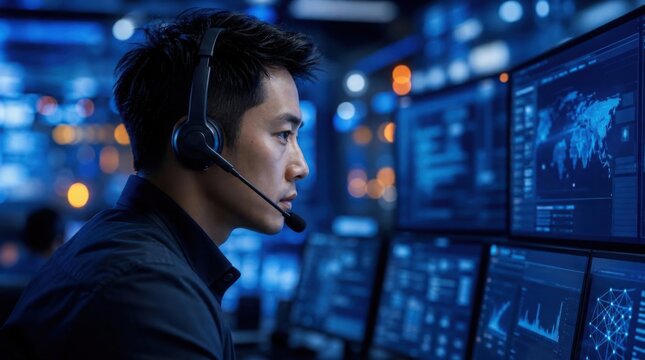 A man wearing a headset monitors multiple computer screens displaying data and global maps in a dimly lit control room or operations center.