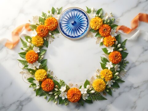 Floral wreath with indian ashok chakra wheel for independence day