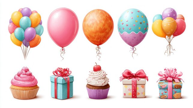 Collection of festive balloons, cupcakes, and gift boxes for celebrations