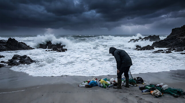 Man Collecting Ocean Trash