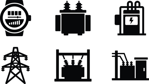 Industrial power and electrical transformer icons isolated on white background black silhouette collection for energy infrastructure and utility concepts