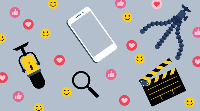 A smartphone and film clapper surrounded by emojis and icons on a gray surface