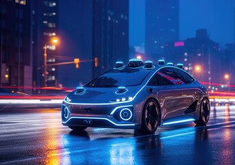 Fototapeta premium Futuristic autonomous electric vehicle navigating a busy metropolitan street at night featuring glowing lidar sensors and sleek design, smart, radar, future