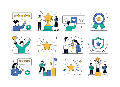 Stars Awards Collection. Rating awards favorites achievement recognition and decorative stars. 12 minimalist editorial vector scenes: five star rating, award ceremony, favorite selection, quality