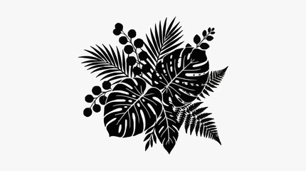 Tropical leaf and berry black silhouette illustration. © kan