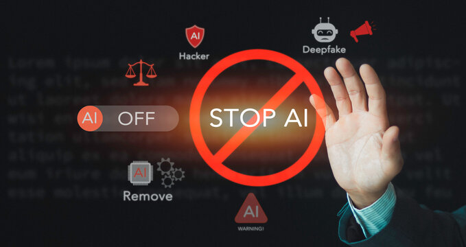 Businessman gesturing hand to stop AI technology with fake news warning. Concept of artificial intelligence ethics concerns, deepfakes cybersecurity, copyright protection, and digital safety.