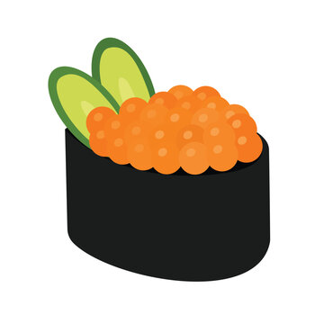 Ikura gunkan maki sushi vector illustration. Salmon roe caviar sushi with cucumber isolated on white background. Flat cartoon food icon