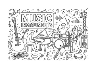 Obraz premium Music Instruments Icon Set Banner. Clean outline line art composition showing guitar, piano and drum set as main oversized objects, music studio scene with 2?3 characters performing, notes and sound