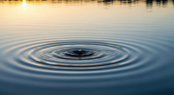 Gentle concentric ripples spread across the surface of a calm lake during a peaceful dawn, reflecting soft golden light and blue shadows, clarity, peacefulness, motion