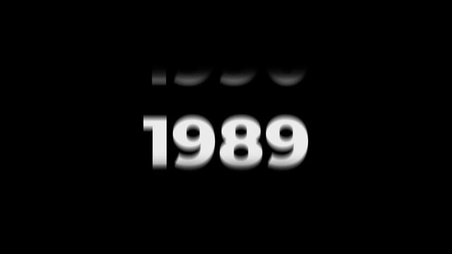 Reverse 45 year counter animation scrolling back from 2026 to 1981. White 3D text on black background. Going back in time flashback and history timeline motion graphics concept.