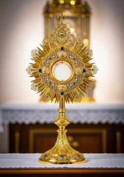 A detailed golden monstrance holds a white consecrated host, displayed on an altar with soft lighting highlighting the ornate metalwork, monstrance, decorative, religious