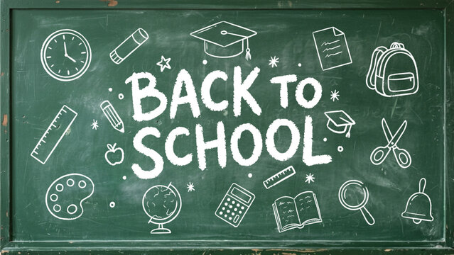 hand drawn back to school chalk icons on green board background, vector file