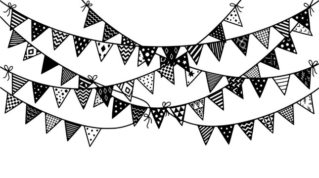 Hand-drawn bunting flags with geometric patterns on white background