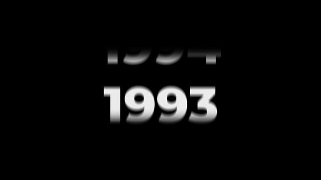 Reverse 38 year counter animation scrolling back from 2026 to 1986. White 3D text on black background. Going back in time flashback and history timeline motion graphics concept.