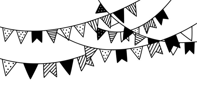 Hand-Drawn Bunting Flags Garland - Festive Decorations, Party Banner, Black and White