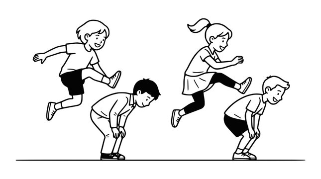 Children playing leapfrog game, active fun, outdoor activity, illustration
