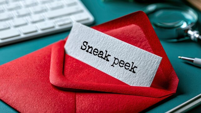 Sneak peek card emerging from a red envelope on a modern desk in a macro shot for commercial marketing campaigns