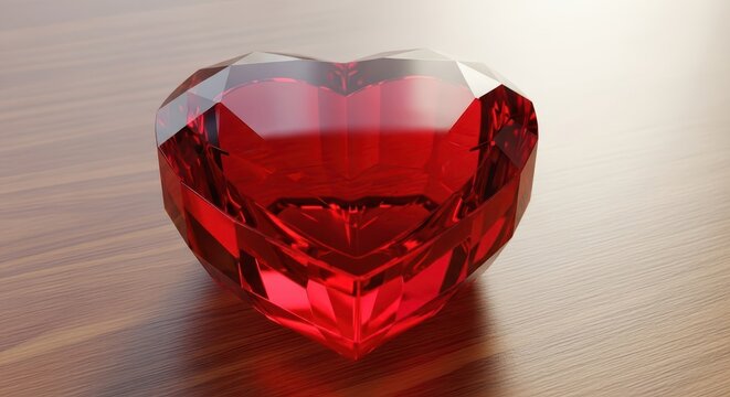 A beautiful heart shaped glass vessel sits on a wooden surface reflecting soft morning light through its transparent red crystalline walls, glowing, vessel, red