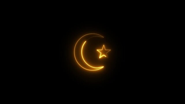 Neon cyan color moon star icon.Animation of neon light sign concept on black background.Color star and crescent sign icon.
