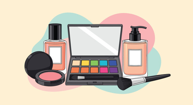 Cosmetic products collection featuring a colorful eyeshadow palette, makeup brush, blush, perfume, and lotion bottles.