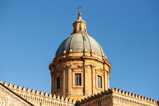 Detail of the bluish dome of Palermo Cathedral, located in Sicily, Italy.