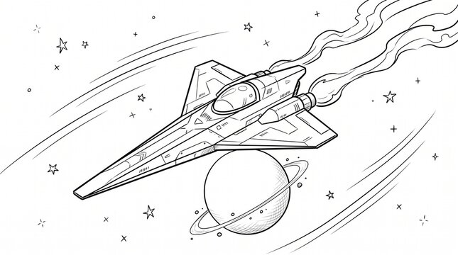 A detailed black and white line art illustration of a sleek, futuristic sci-fi starfighter spaceship soaring through outer space past a ringed planet, leaving a smoke trail amidst a field of stars.