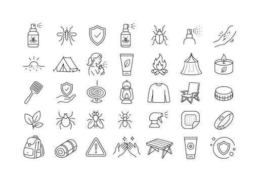 Bug Spray And Mosquito Protection Icon Set. Minimalistic set one-line drawing bug spray bottle, mosquito, protection shield, repellent spray, insect, spray mist, itch mark, bite bump, outdoor tent,